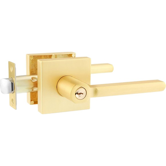 Defiant Tonebridge Satin Brass Keyed Entry Door Lever with Square Rose, ANSI 3 - Picture 1 of 7